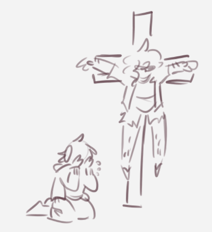 Larry is being crucified on a crucifix. J0hn is on his knees sobbing.